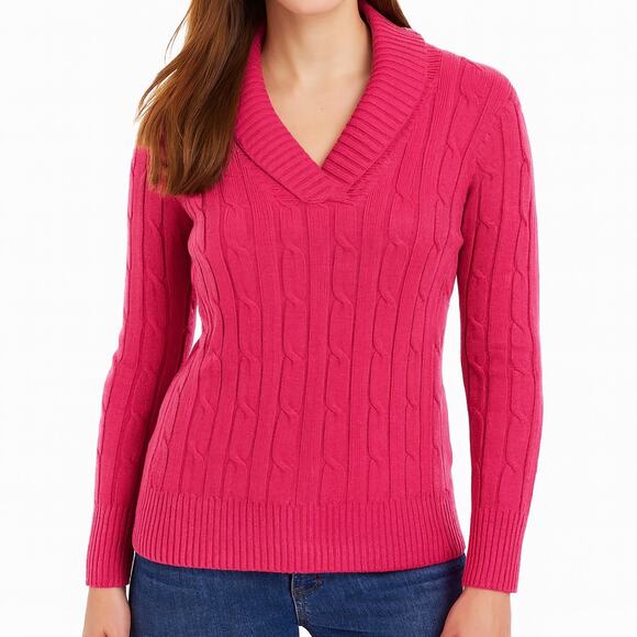 LL Bean Lambswool Cable Knit Sweater Pink Shawl Collar V Neck Ribbed Trim XL - Picture 1 of 9